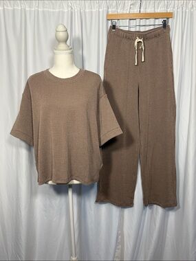 Zenana Ribbed Knit Short Sleeve and Wide-Leg Pants Set